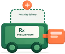 Green delivery truck with Rx prescription sign and text Next-day delivery.