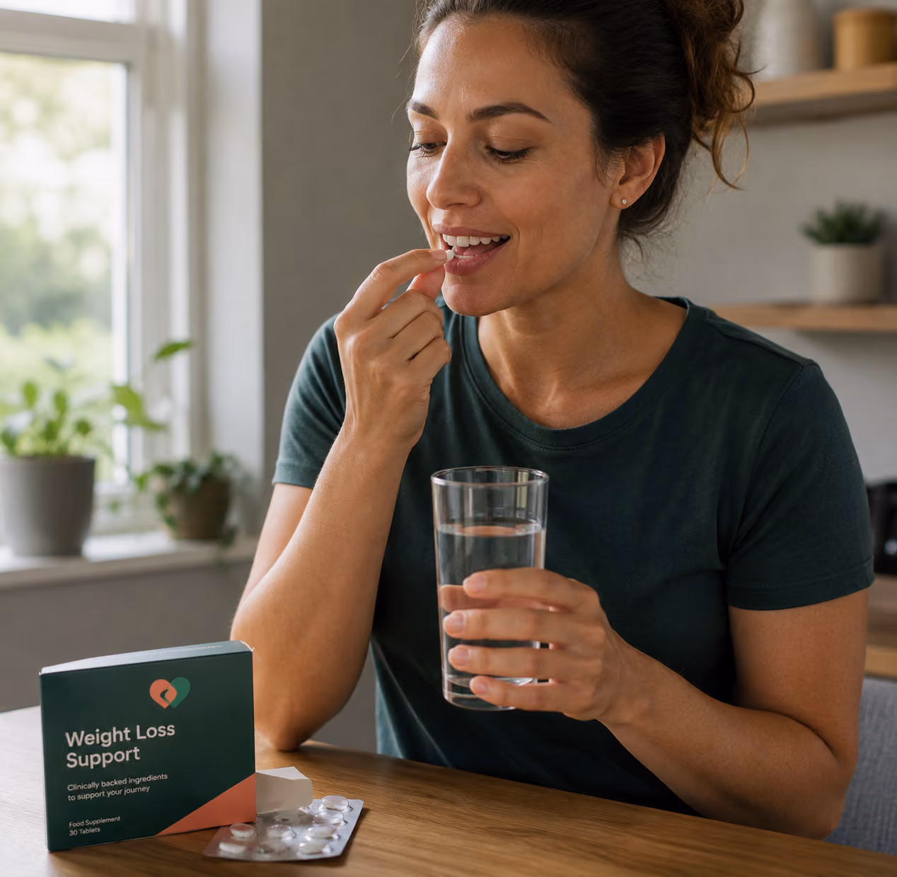 Woman taking a weight loss support tablet with a glass of water at a wooden table.