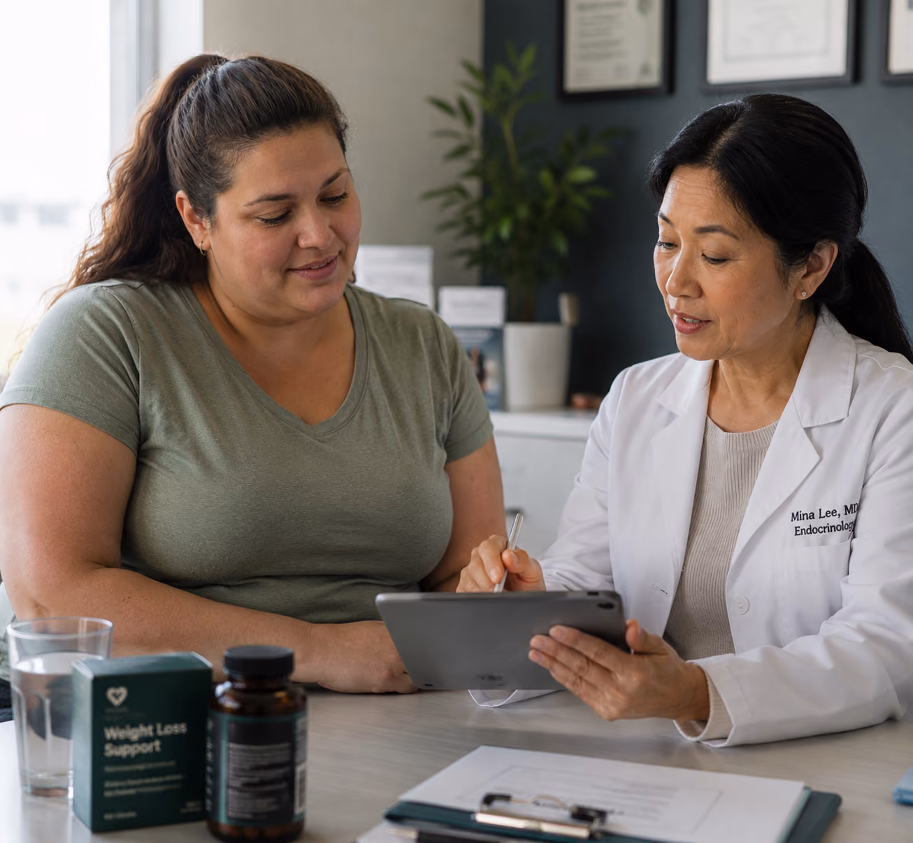 Doctor in white coat showing information on a tablet to a woman in a green shirt during consultation.