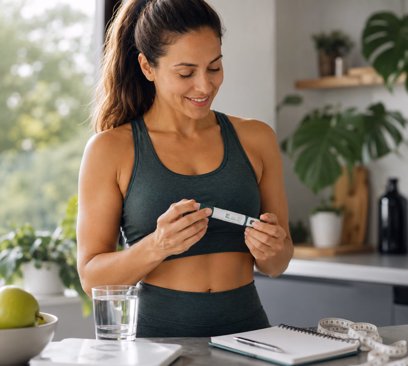 Woman in workout clothes smiling while holding a digital pregnancy test in a kitchen.