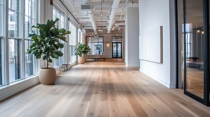 Bright, modern office hallway with light wood flooring, large windows, and potted plants.