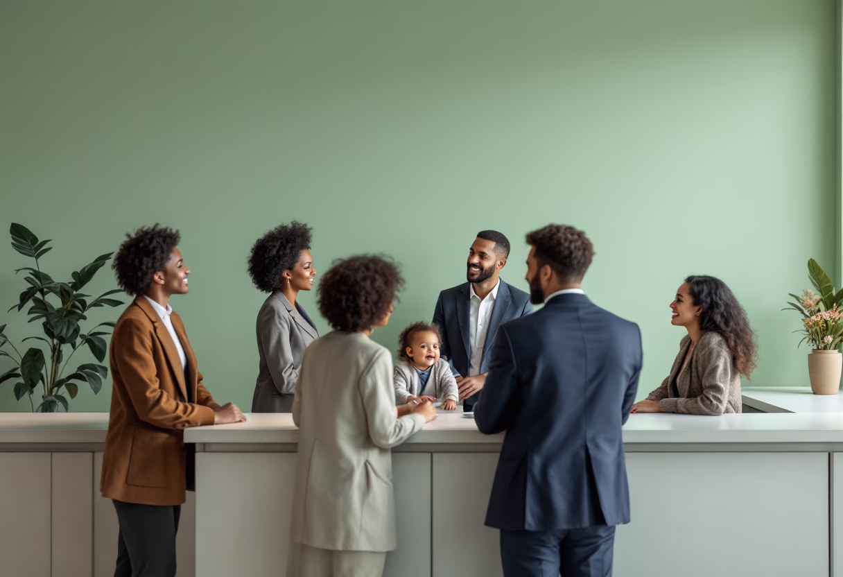 image of parents and staff discussing enrollment