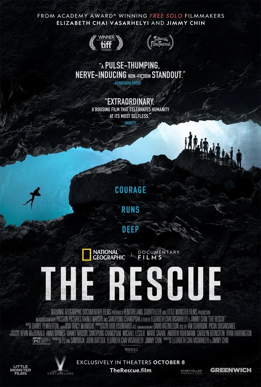 Movie poster for The Rescue showing a diver underwater approaching a cave entrance where a group of people stand on rocks.