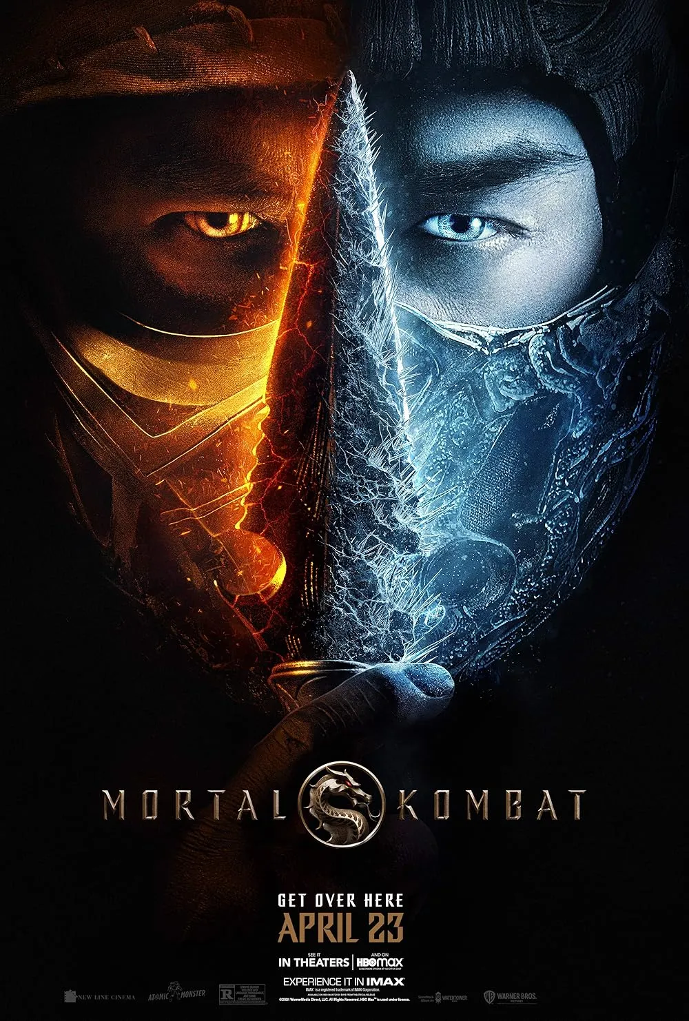 Mortal Kombat movie poster showing two masked characters facing each other with a split fiery and icy effect on their faces and the release date April 23.