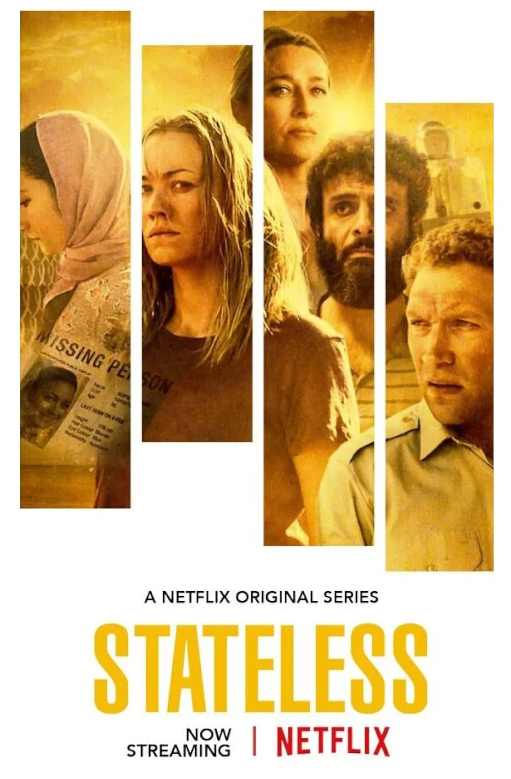 Stateless Netflix series poster showing five characters divided into vertical panels against a yellow background.