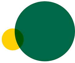 Two overlapping circles, one large dark green and one smaller yellow, on a white background.