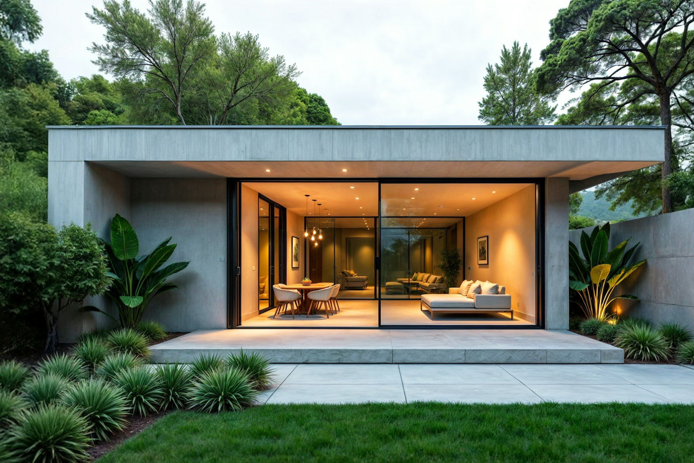 Modern minimalist house with large glass sliding doors opening to a warmly lit living room and dining area, surrounded by greenery and landscaped garden.