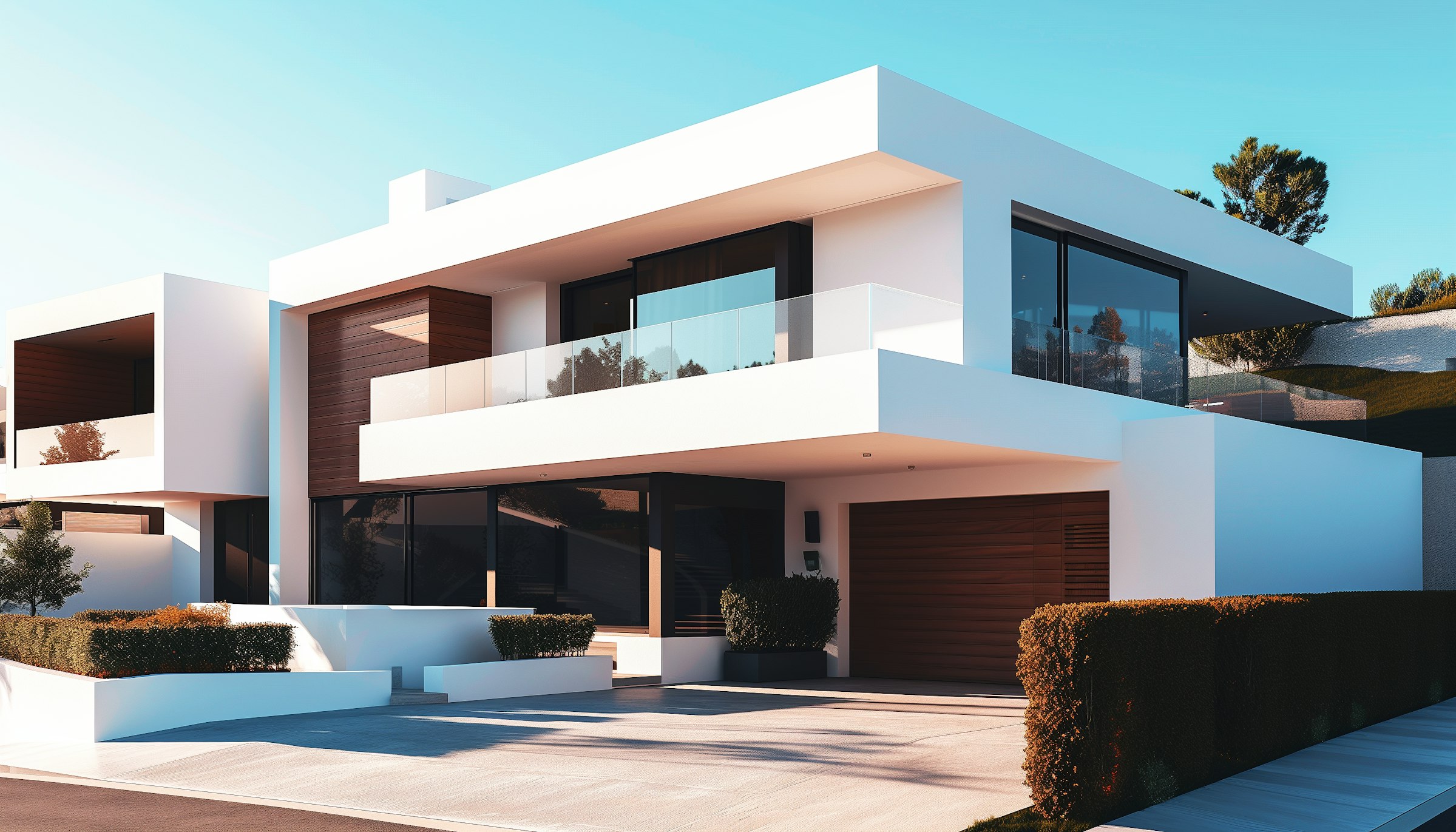 Modern two-story white house with large glass windows, wooden accents, glass balcony railings, and well-maintained bushes.