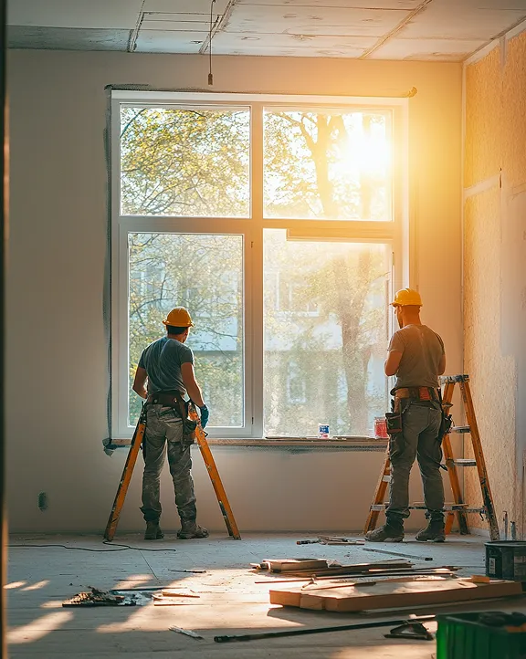 Two construction workers wearing helmets and work belts standing on ladders inside a room under renovation with sunlight coming through a large window.
