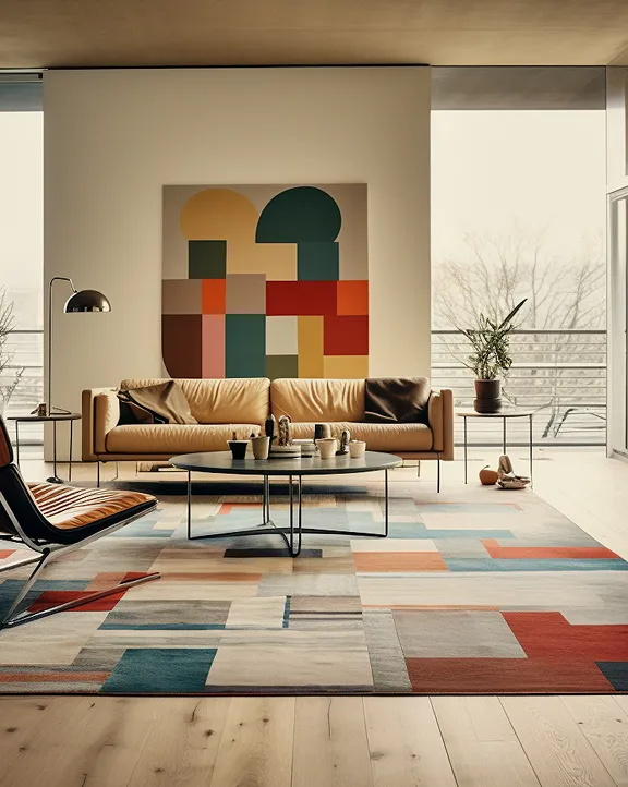 Modern living room with beige sofa, abstract geometric wall art, glass coffee table, and patterned rug in warm tones.