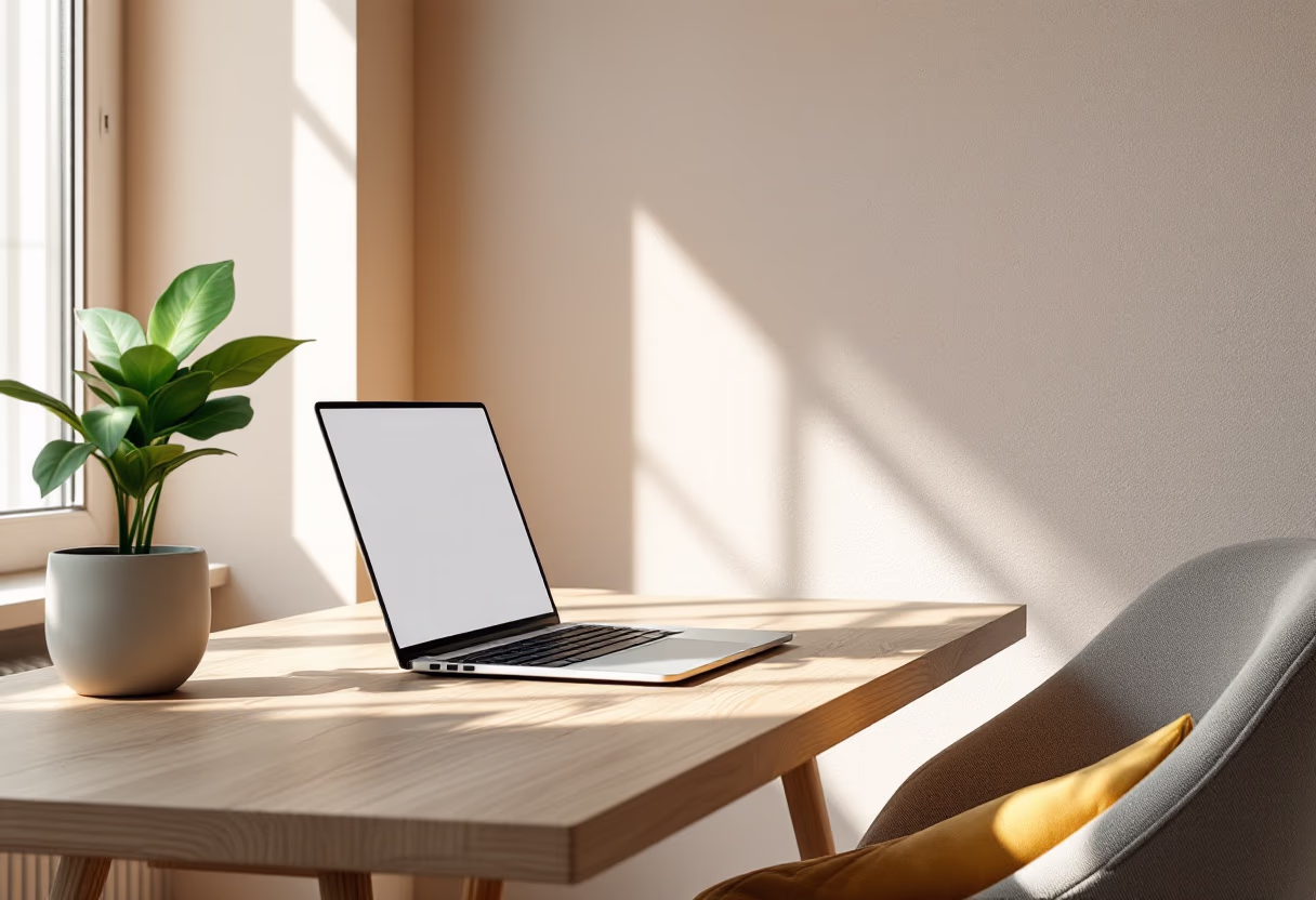 [background image] image of a desk with a laptop and a plant