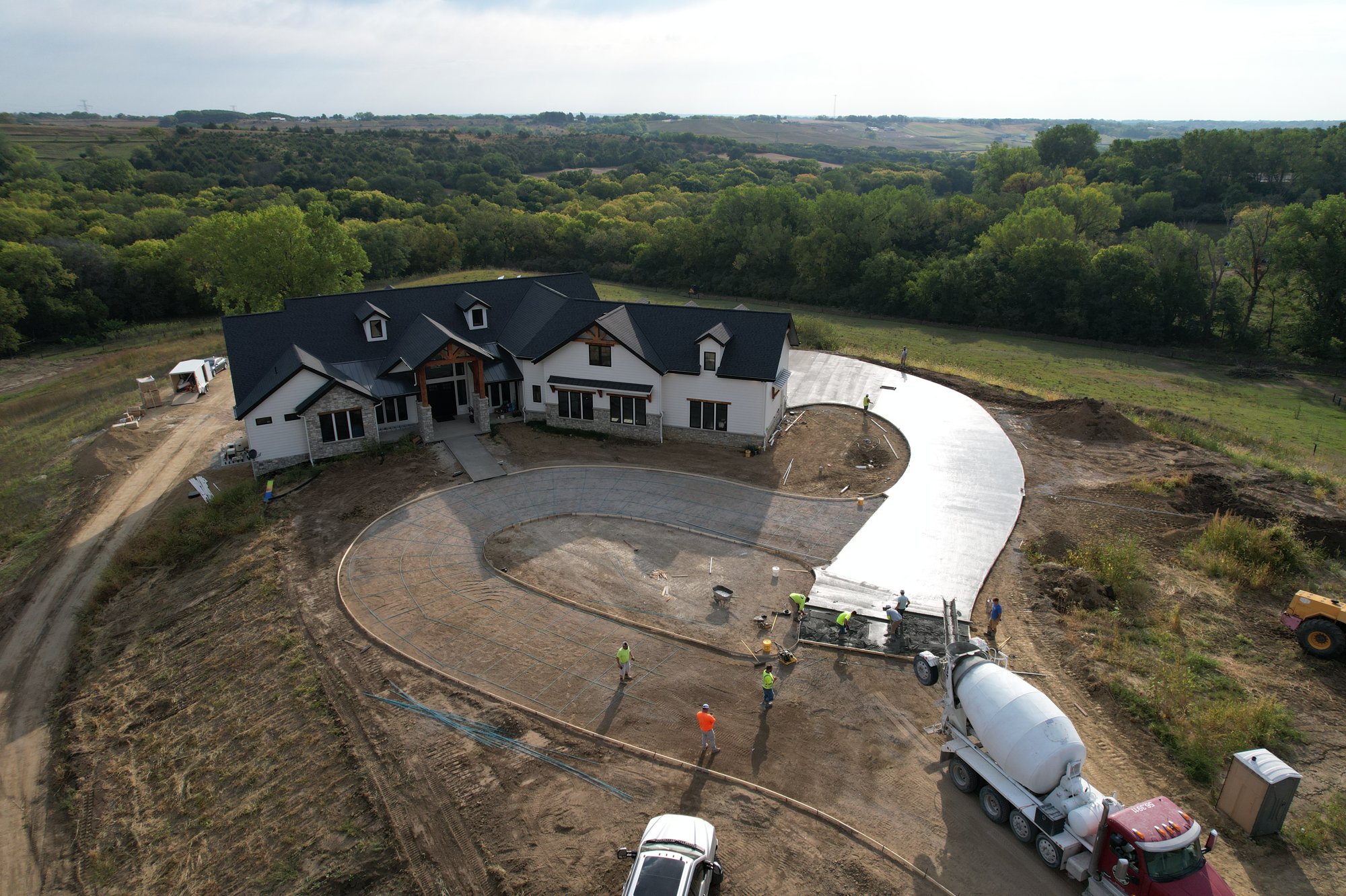 Aerial of concrete driveway pour