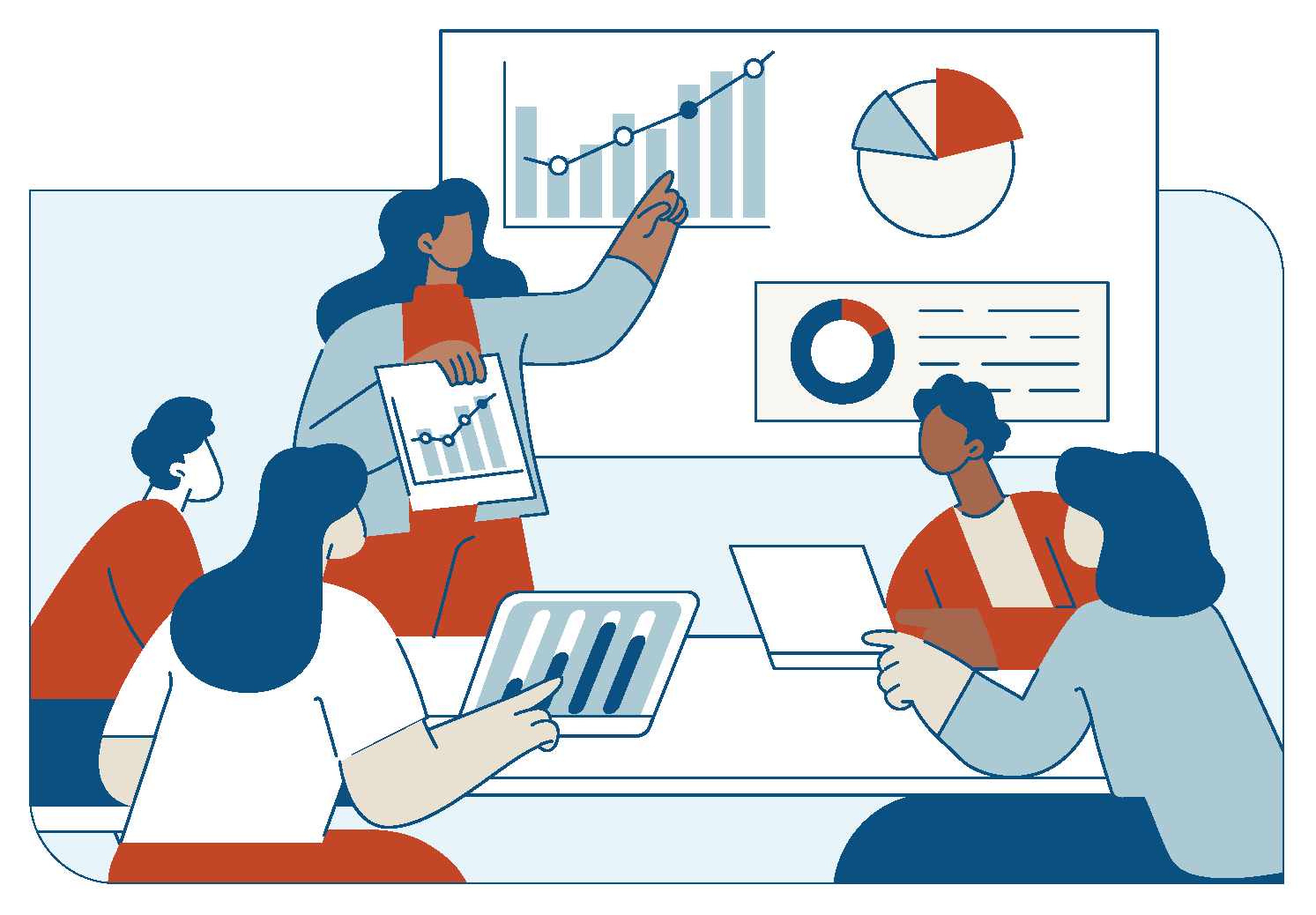 Illustrated meeting of people reviewing charts and data around a conference table