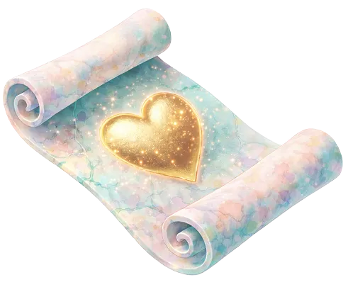 Decorative scroll with pastel watercolor texture featuring a glowing golden heart in the center.