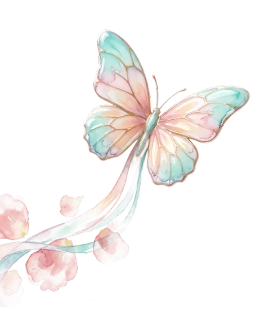 Delicate pastel watercolor butterfly with flowing ribbon-like trails and pink flower petals.