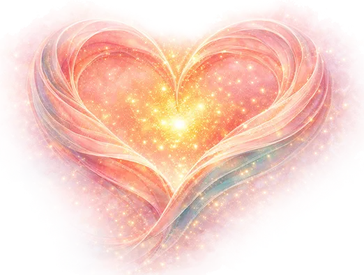 Glowing pink and orange heart shape made of translucent swirling ribbons with sparkling light particles inside.