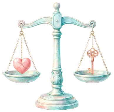 Marble balance scale with a pink heart on the left side and a vintage copper key on the right side.
