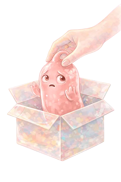 Illustration of a worried pink condom with eyes and hands inside a colorful open box, being gently lifted by a hand.
