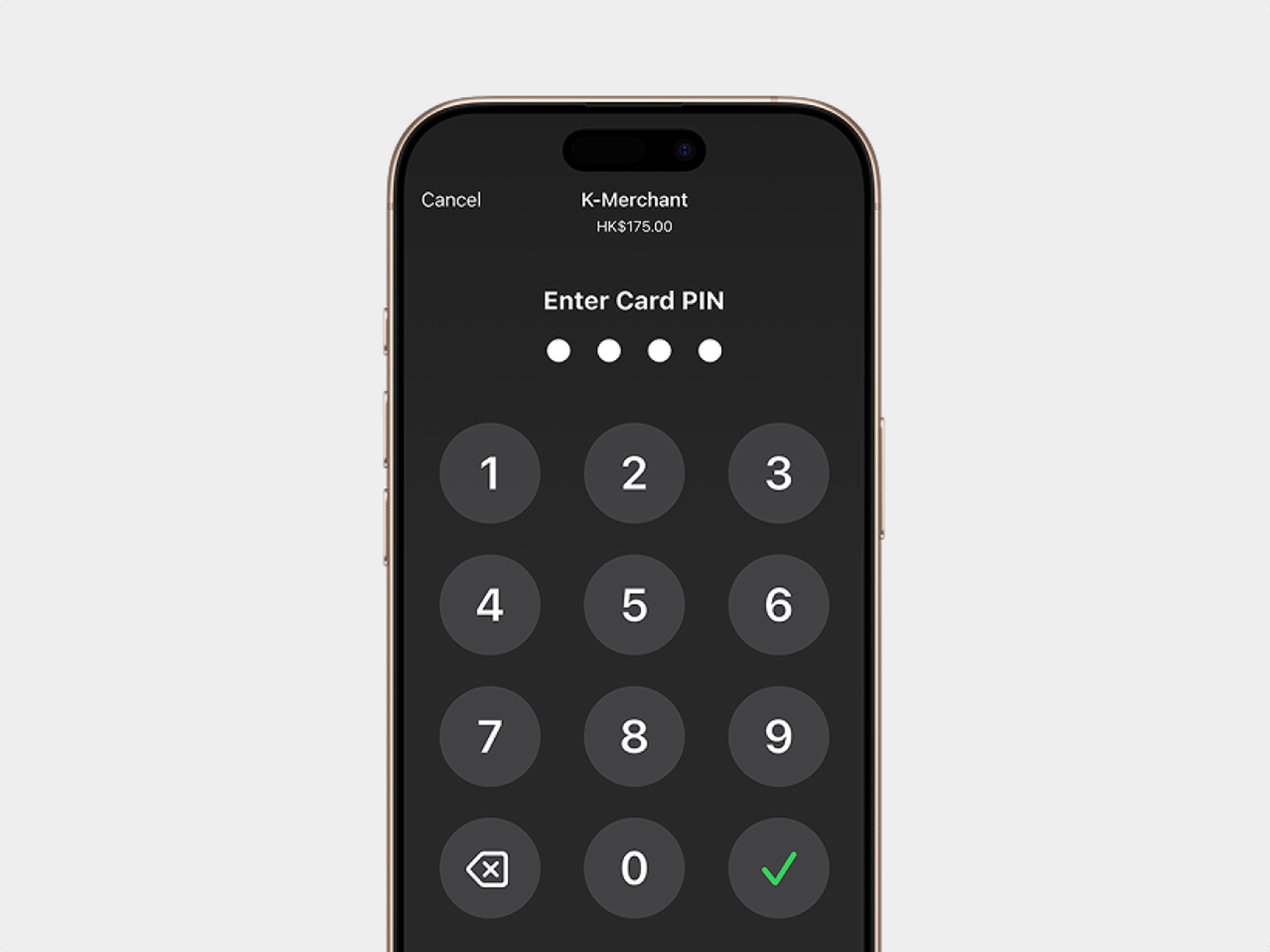 iPhone showing the Enter Card PIN keypad for a HK$175 payment