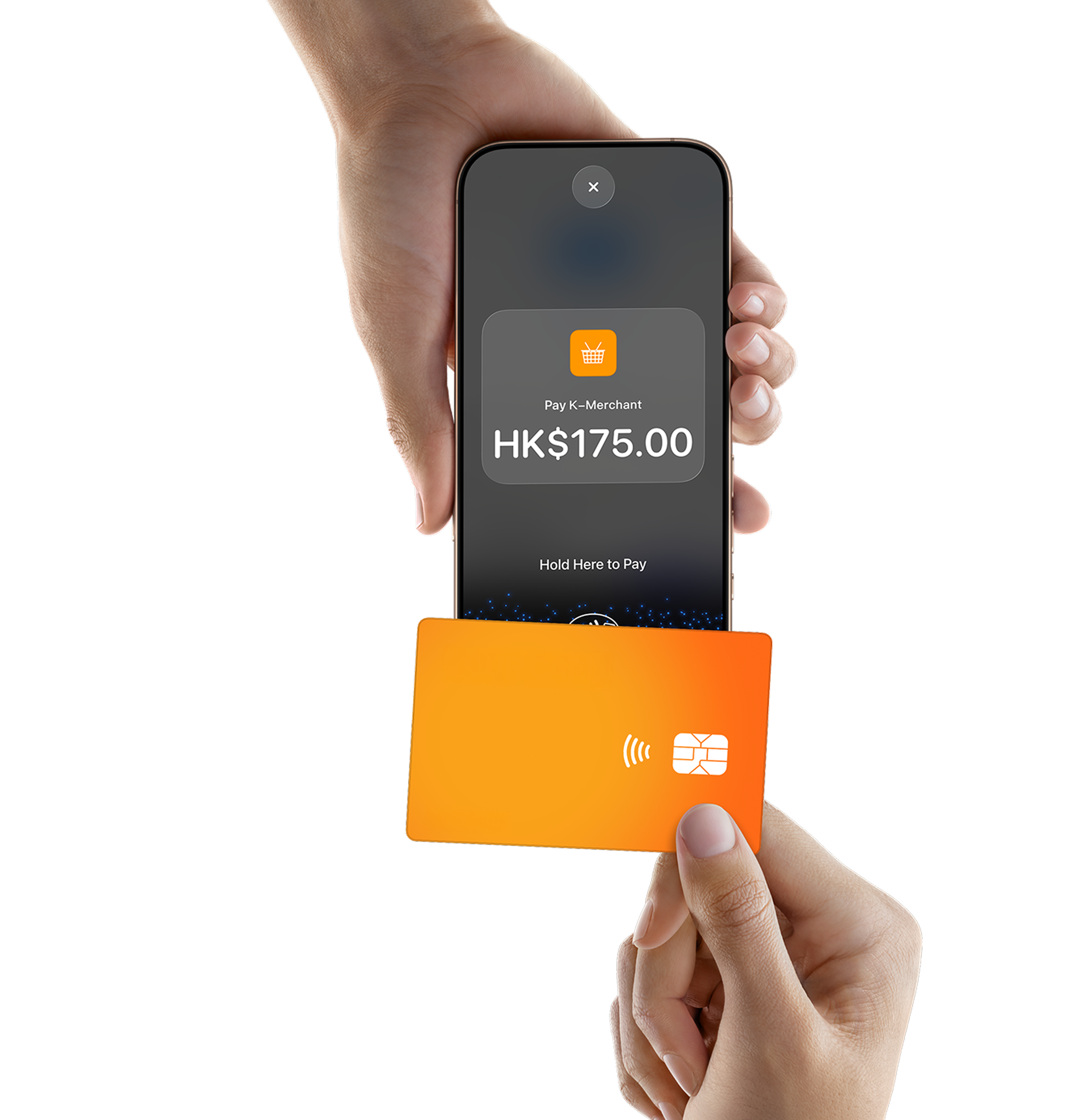 Contactless card tapped against an iPhone showing a HK$175 Tap to Pay charge