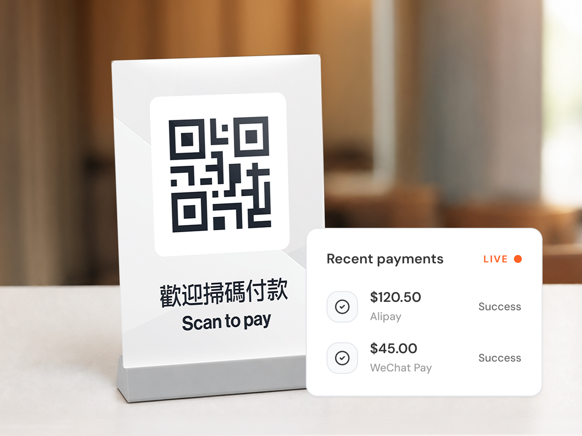 QR code standee reading Scan to pay, beside a live list of recent Alipay and WeChat Pay payments