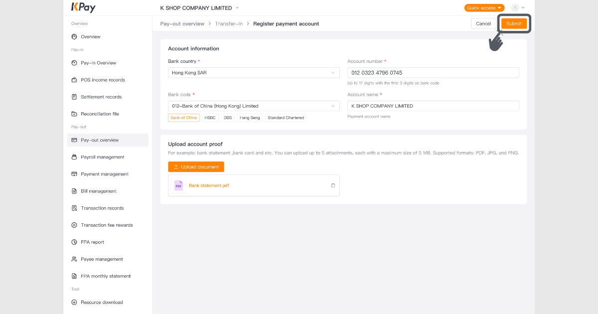 Step 3 of registering for payment account