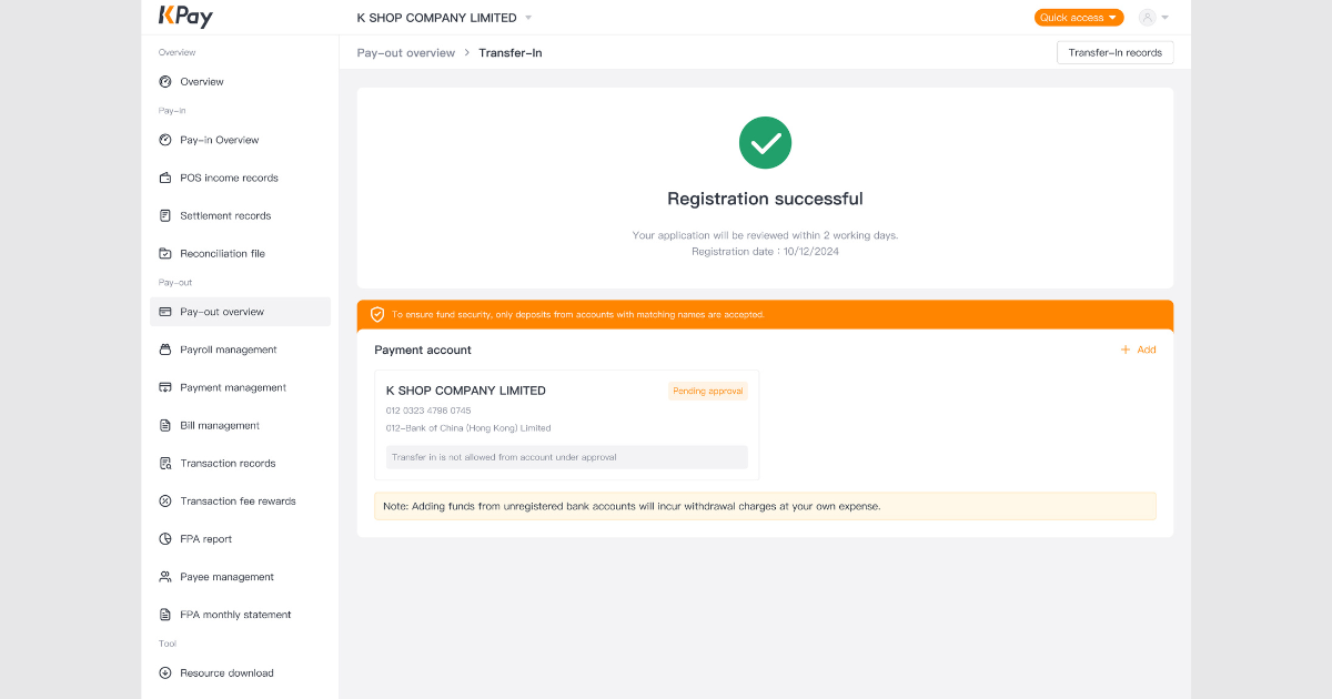 Last step of registering for a payment account