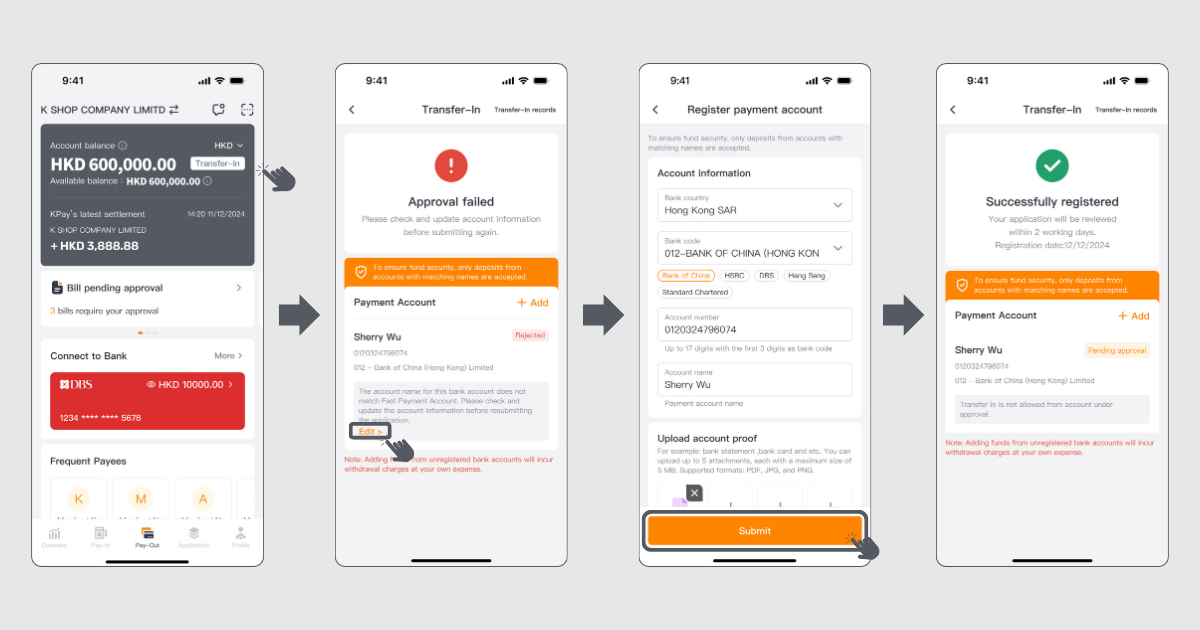 troubleshooting for payment account registration