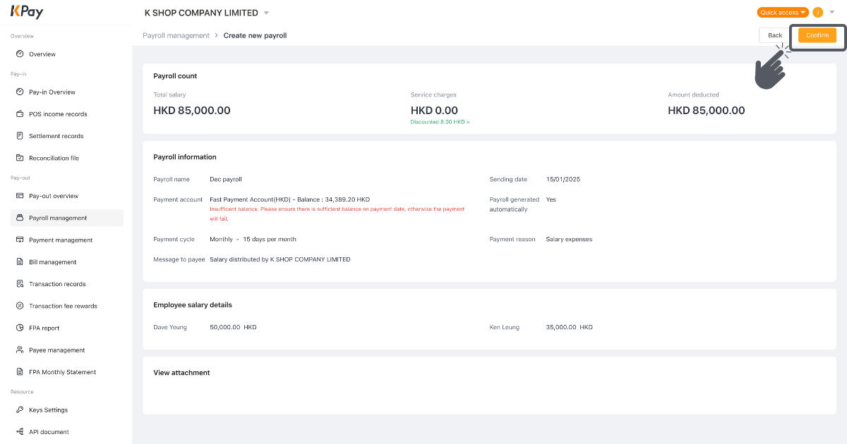 Step 6 of creating a new payroll via the KPay Dashboard