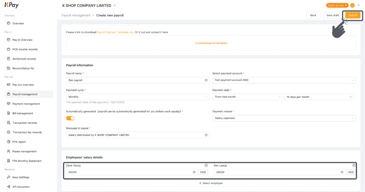 Step 5 of creating a new payroll via the KPay Dashboard