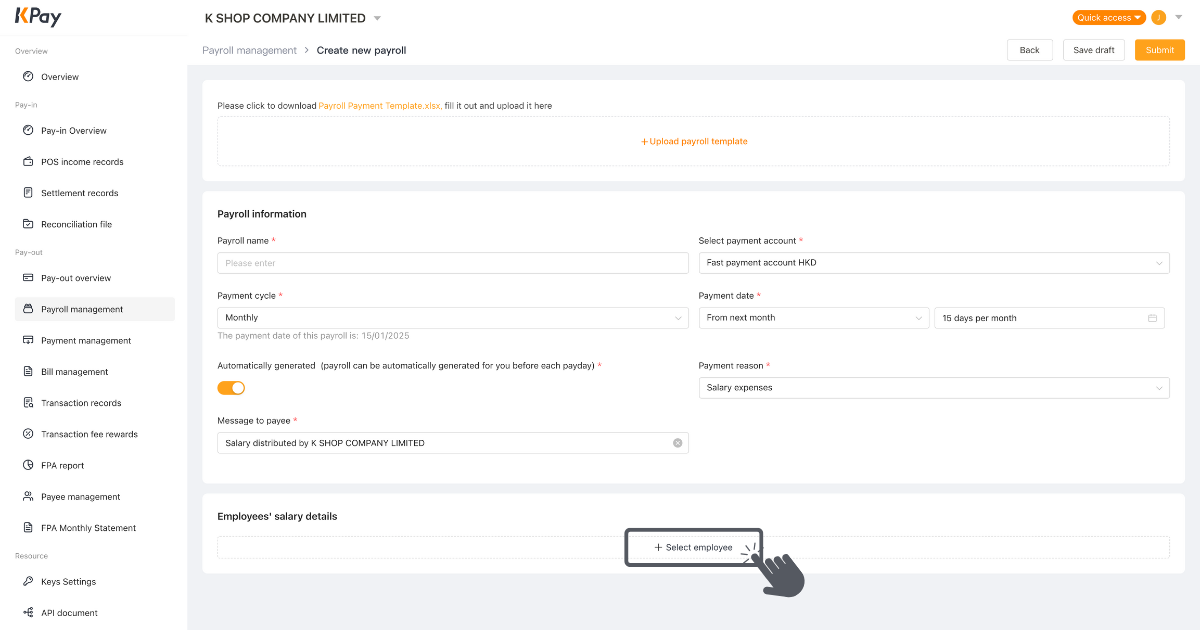 Step 3 of creating a new payroll via the KPay Dashboard