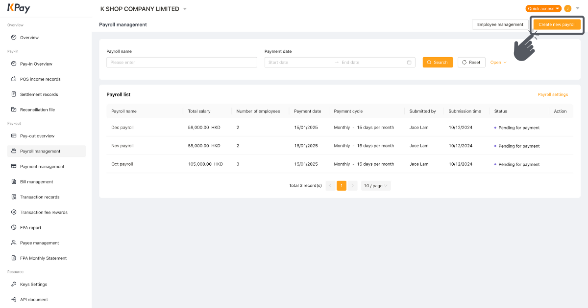 Step 1 of creating a new payroll via the KPay Dashboard
