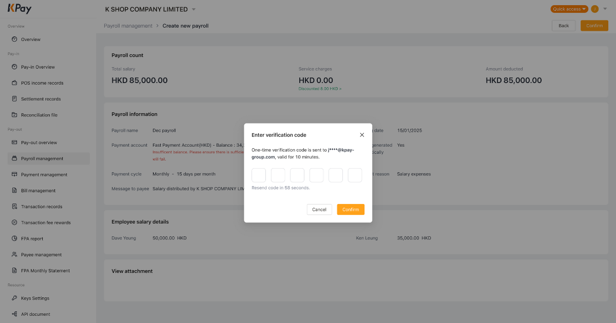 Step 7 of creating a new payroll via the KPay Dashboard