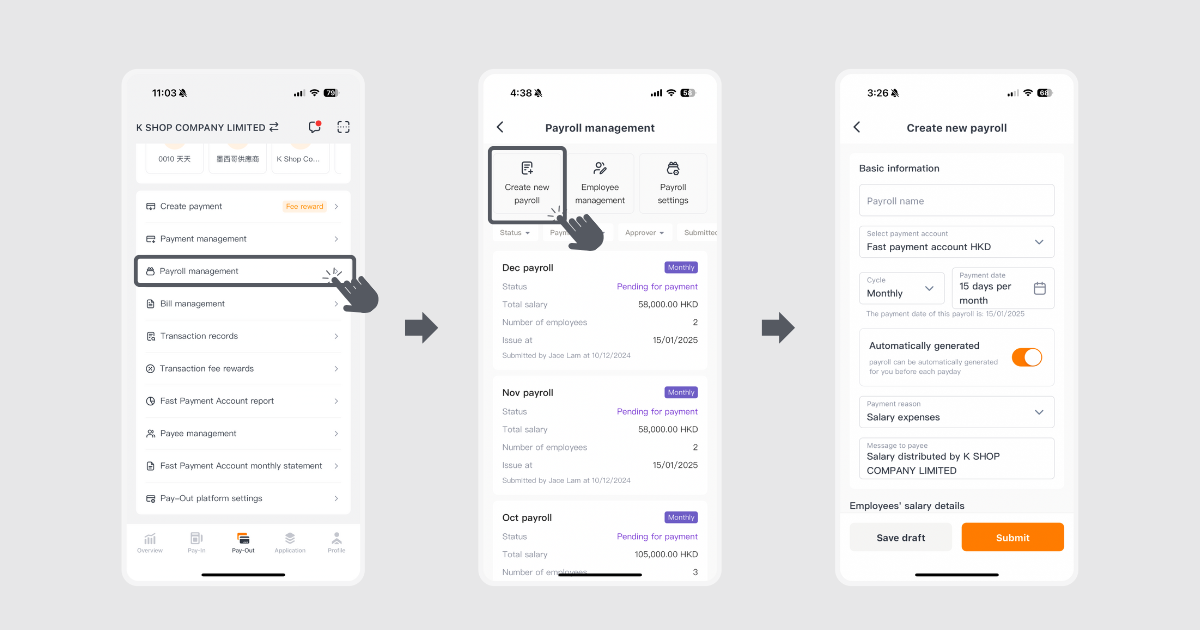 Step 1 of creating a new payroll via the KPay App