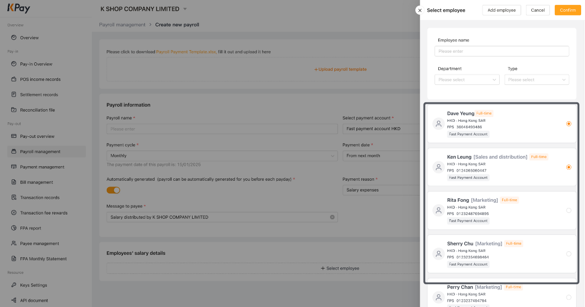 Step 4 of creating a new payroll via the KPay Dashboard