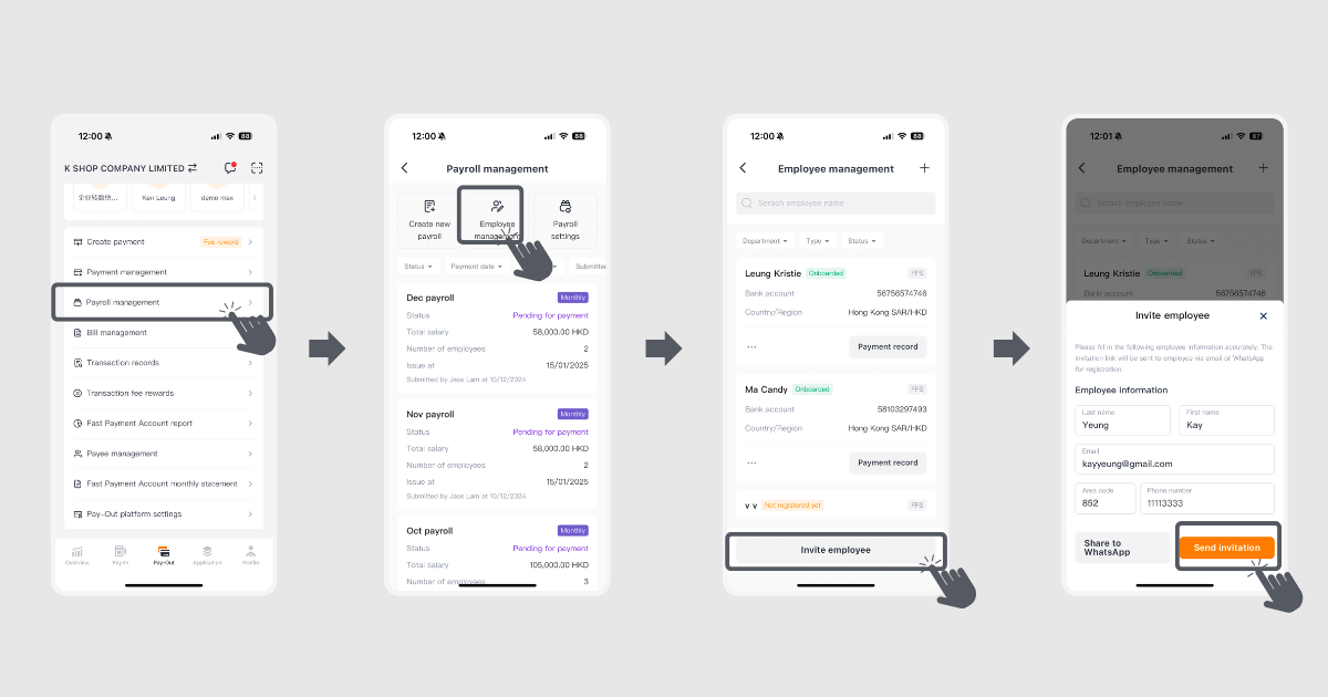 Step 1 of method 1 to add employee profile via KPay App
