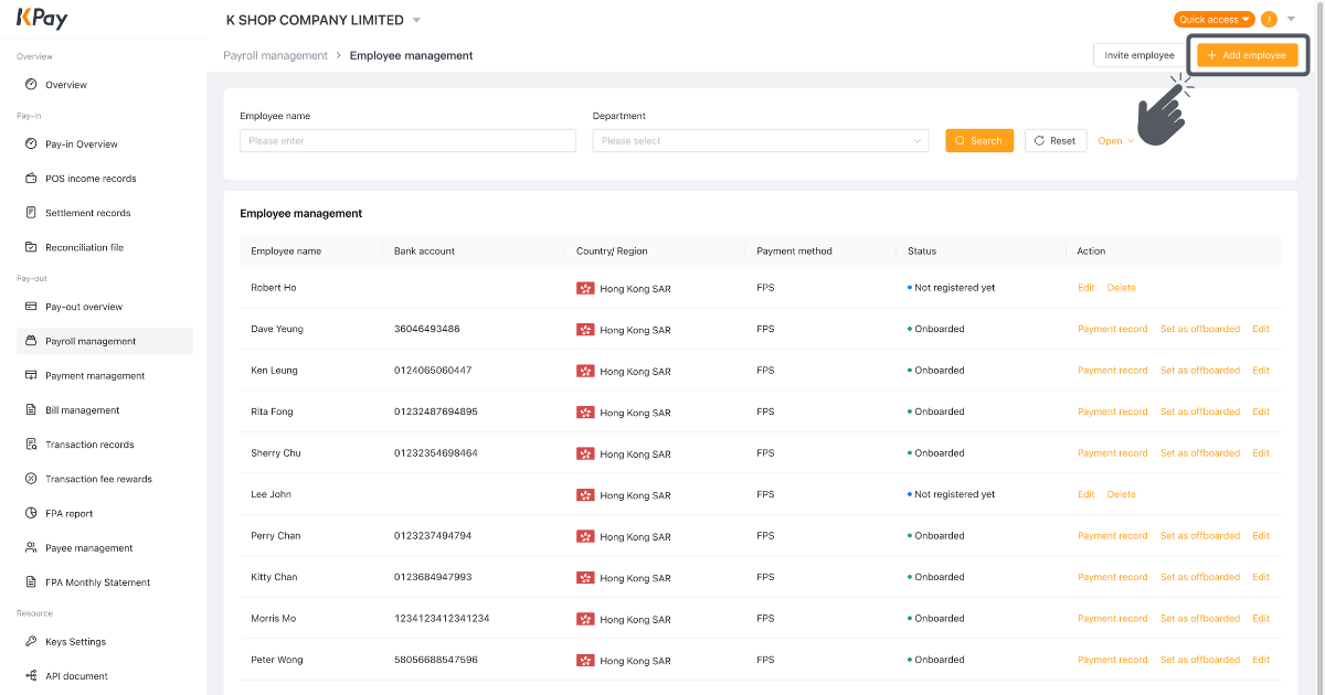 Step 1 of method 2 to add employee profile via KPay Dashboard