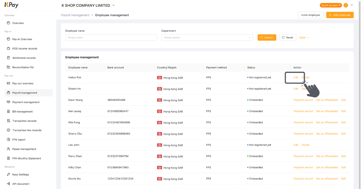Step 5 of method 1 to add employee profile via KPay Dashboard