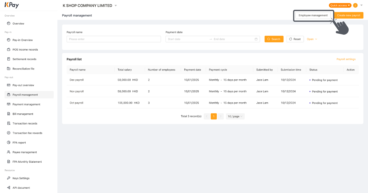 Step 2 of method 1 to add employee profile via KPay Dashboard