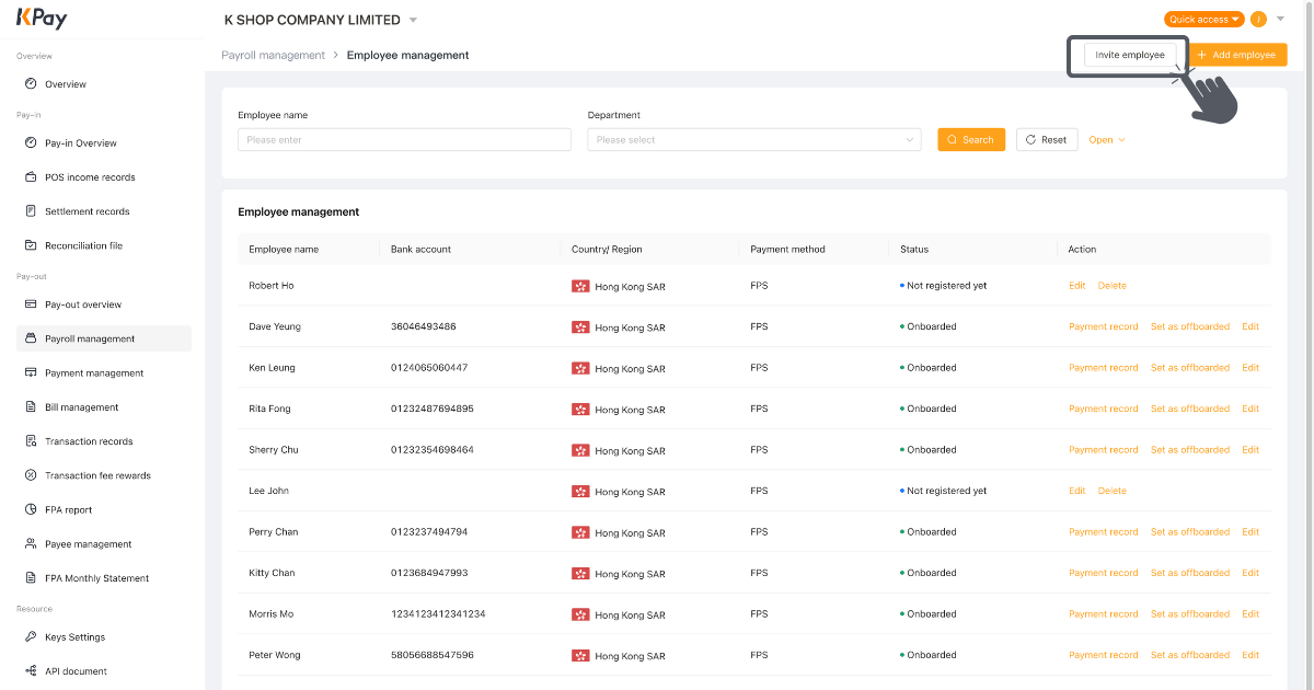 Step 3 of method 1 to add employee profile via KPay Dashboard