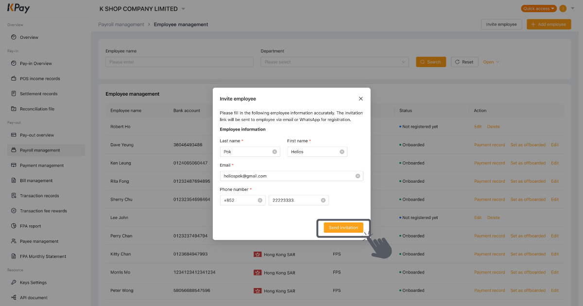 Step 4 of method 1 to add employee profile via KPay Dashboard