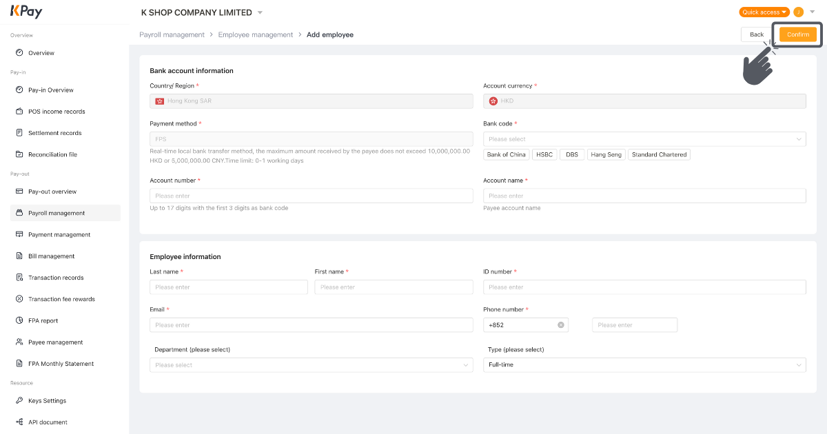 Step 2 of method 2 to add employee profile via KPay Dashboard