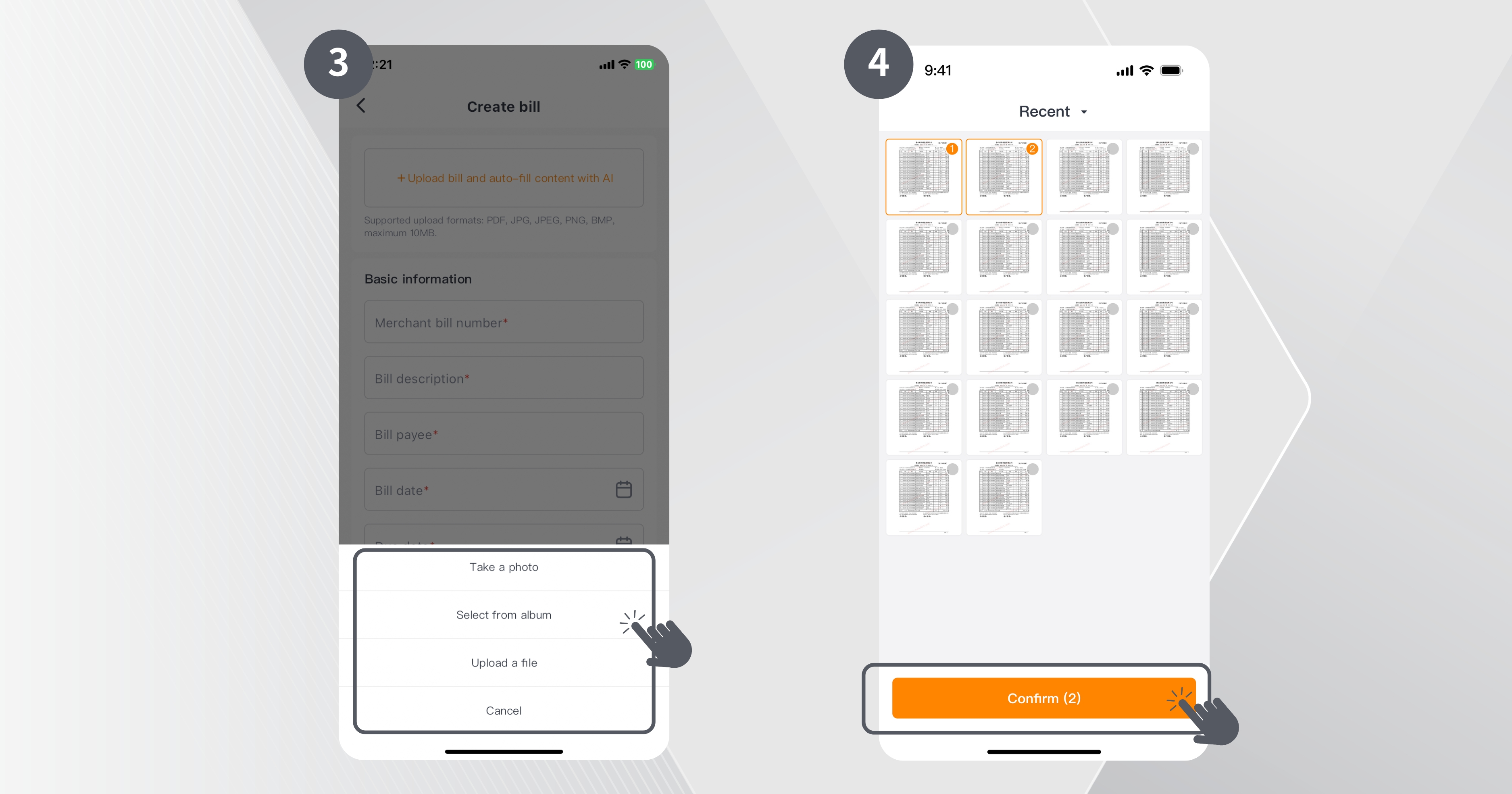 Step 3 and 4 of how to upload multiple bills at once (Batch upload)