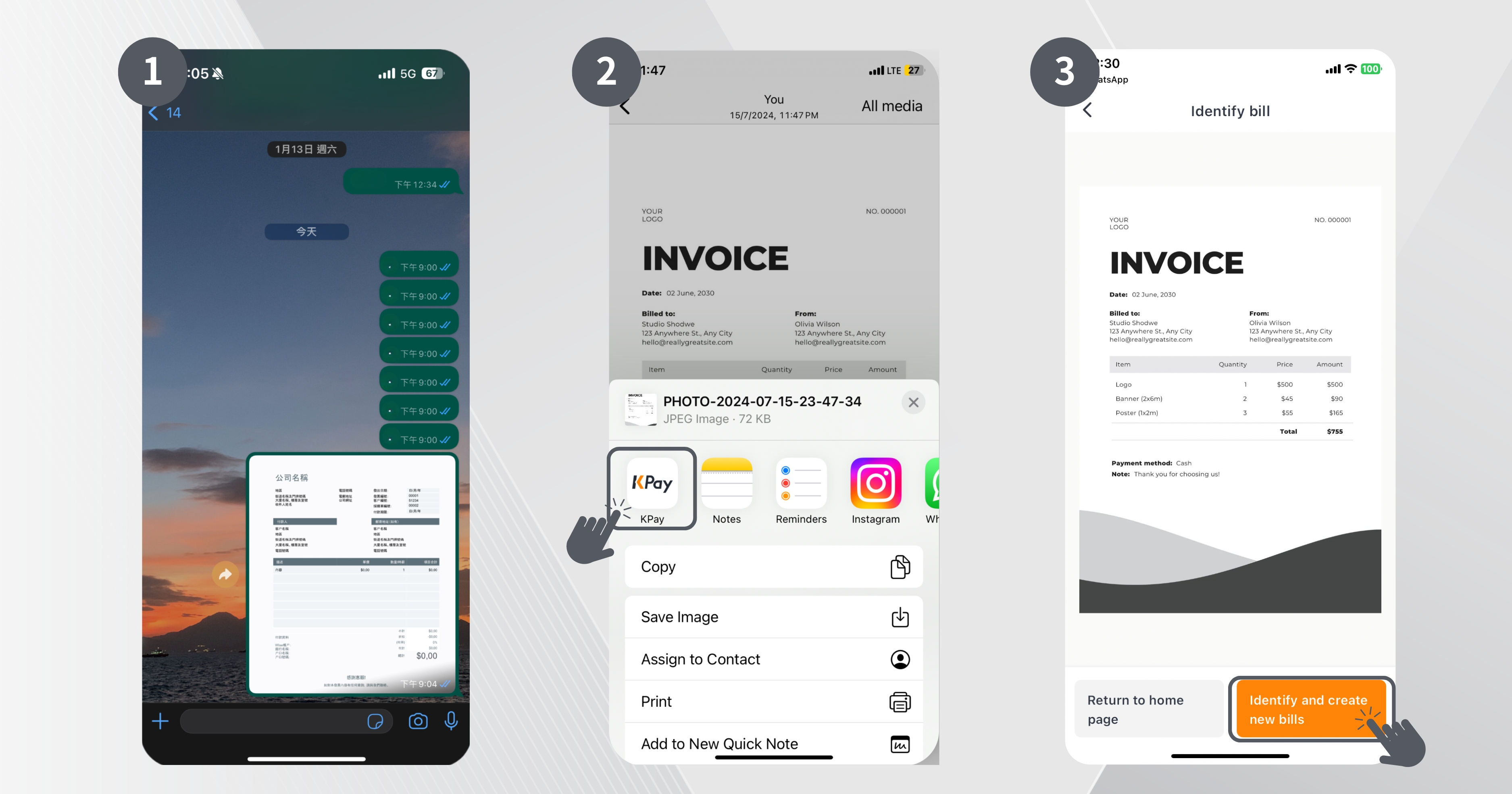 Step 1,2, and 3 of how to import bills from WhatsApp