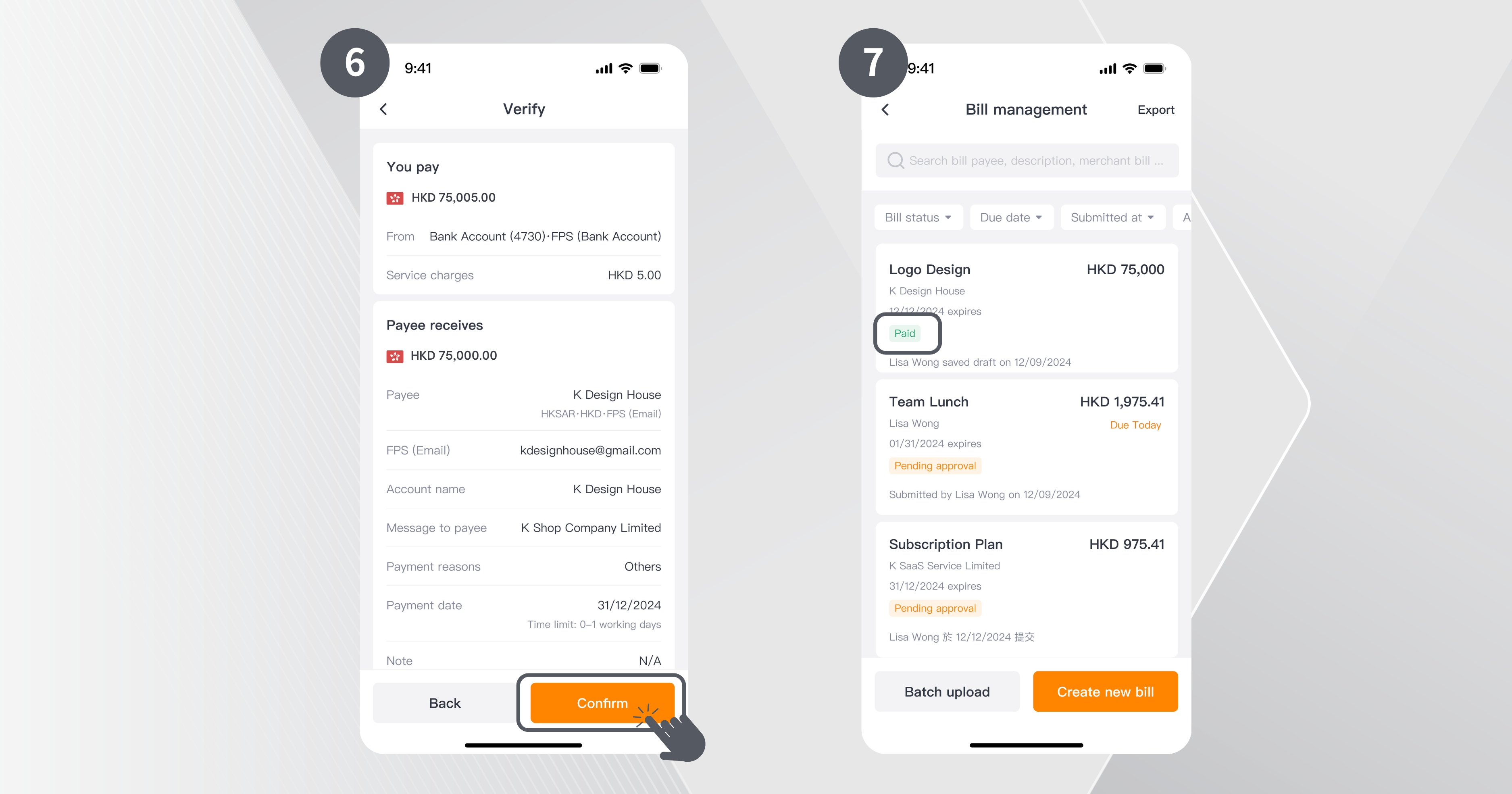 Step 6 and 7 of how to set payment Instructions for approved bills