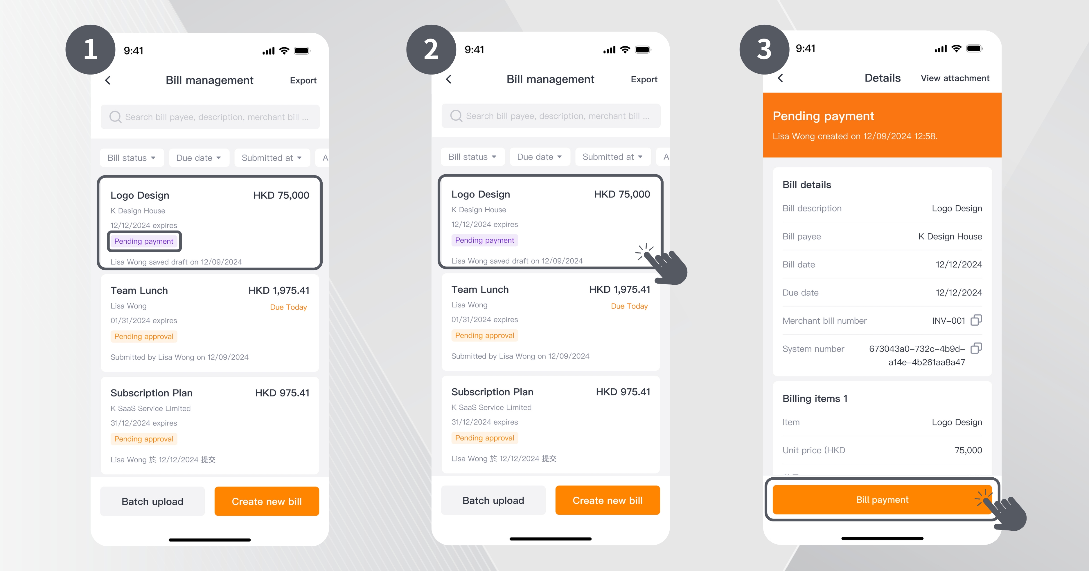Step 1, 2, and 3 of how to set payment Instructions for approved bills