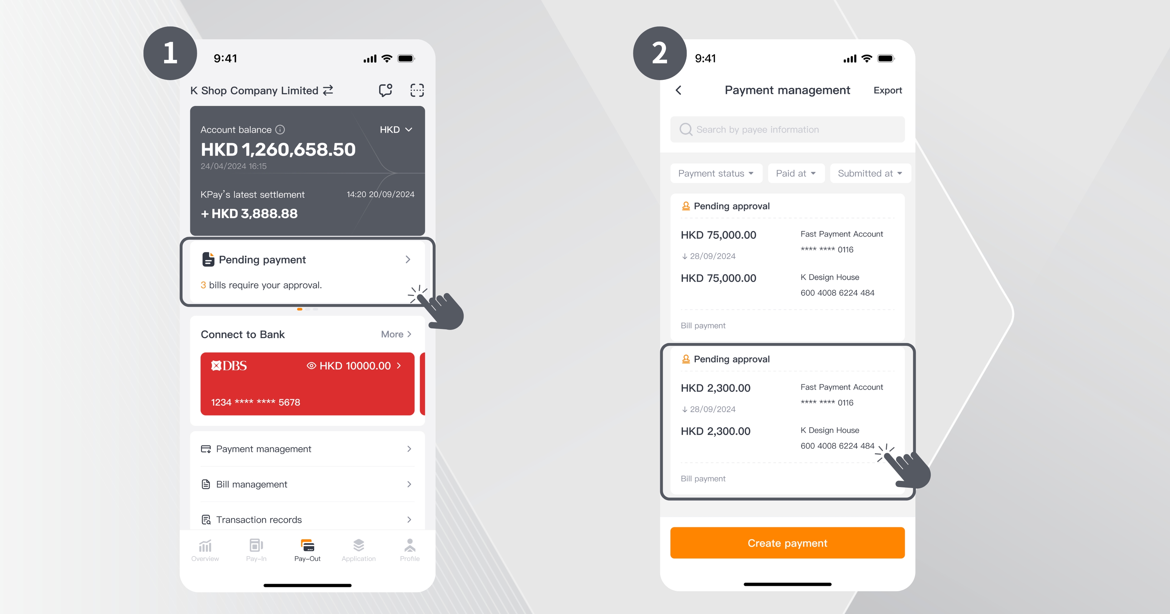 step 1 and 2 of how to approve pending payments