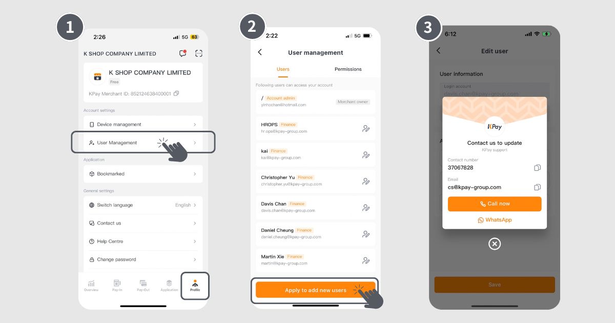 step 1, 2 and 3 of how to apply for additional users