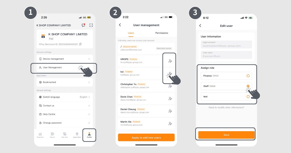 step 1, 2 and 3 of how to manage user permissions