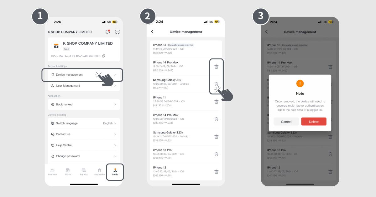 step 1, 2 and 3 of how to remove permissions for logged-in devices